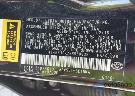 2016 Toyota Camry Le from USA, damaged, VIN 4T4BF1FK7GR560835